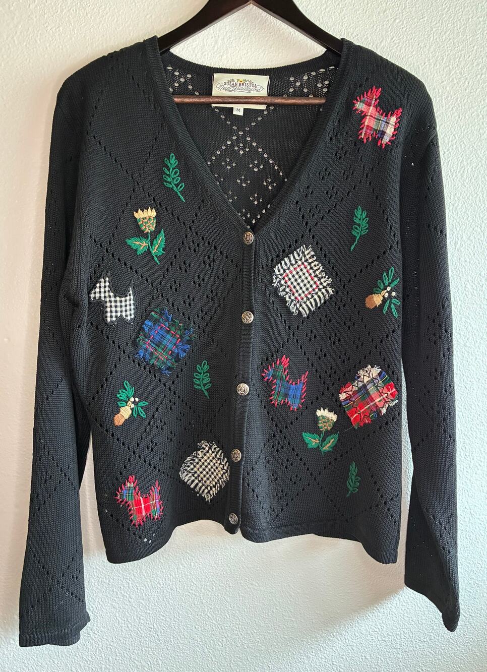 VTG 90s Susan Bristol Scottie Dog Patchwork Holiday Cardigan Embroider | Size M